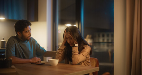 Healthy Relationship Concept: Couple Working Through Problems Together by Communicating. Boyfriend Calming his Worried and Distressed Girlfriend, Talking to Her, Validating her Feelings and Supporting