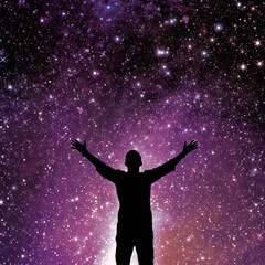 Man with arms wide open and Milky Way stars. Created using generative AI technology.