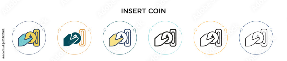 Poster insert coin icon in filled, thin line, outline and stroke style. vector illustration of two colored 
