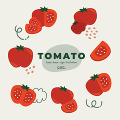 A icon set of cute isolated flat minimal motif tomato doodle-style design illustrations (whole, half, slice)