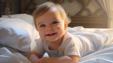 Happy smiling baby lies on the bed created with Generative AI technology.