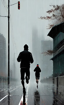 A runner training under the rain in the city streets