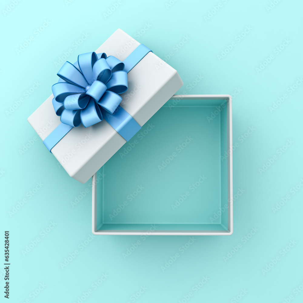Poster Blank open white gift box with cyan blue bottom inside or top view of opened present box with blue ribbon and bow isolated on light blue pastel color background minimal concepts 3D rendering