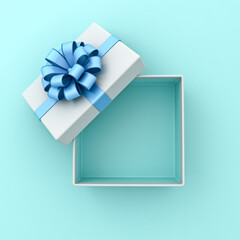 Blank open white gift box with cyan blue bottom inside or top view of opened present box with blue ribbon and bow isolated on light blue pastel color background minimal concepts 3D rendering