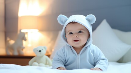 Cute little baby, relaxing in bed after bath, smiling happily created with Generative AI technology.