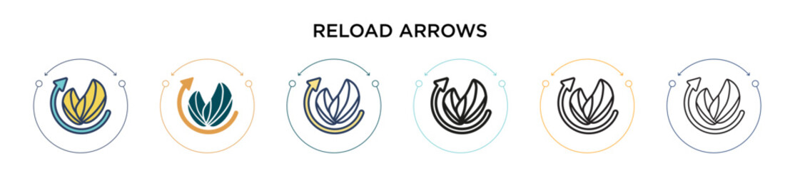 Reload arrows icon in filled, thin line, outline and stroke style. Vector illustration of two colored and black reload arrows vector icons designs can be used for mobile, ui, web
