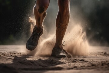 Athlete's legs running, lifting the sand from the track. AI generative