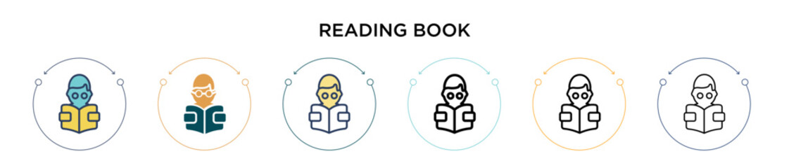 Reading book icon in filled, thin line, outline and stroke style. Vector illustration of two colored and black reading book vector icons designs can be used for mobile, ui, web