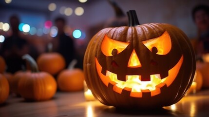 Fototapeta premium Jack-o-lantern on bar counter at Halloween party night.