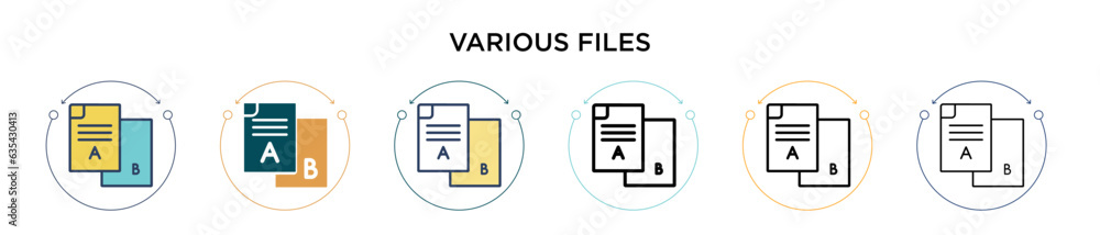 Poster various files icon in filled, thin line, outline and stroke style. vector illustration of two colore