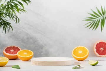 Foto op Plexiglas Empty wooden round podium on light grey background surrounded by citrus fruits. Display, pedestal for the presentation of cosmetic products, drinks © Anna Puzatykh