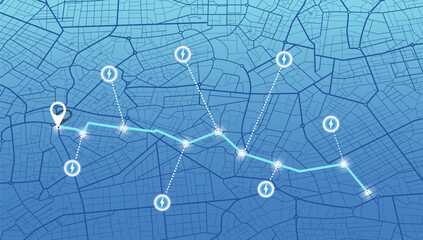 Determining location on the plan of abstract city. Location tracks dashboard. Path turn, destination tag or mark. Huge city top view. Tracking path and route planning. Background Vector illustration