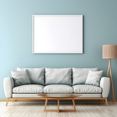 Mock up poster frame with sofa in interior living room and blue wall