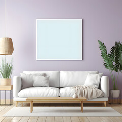 Mock up poster frame with sofa in interior living room and purple wall