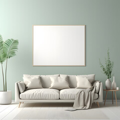 Mock up poster frame with sofa in interior living room and green  wall