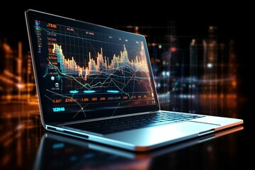 A laptop with stock market graphs