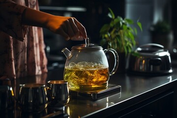 Female hands pouring boiling water from a modern kettle, Generative Ai