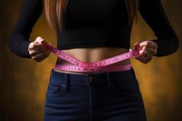 Fit woman measures her waist size after losing weight, Generative Ai