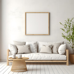 Mock up poster frame with sofa in interior living room on white wall