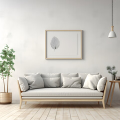 Mock up poster frame with sofa in interior living room on white wall