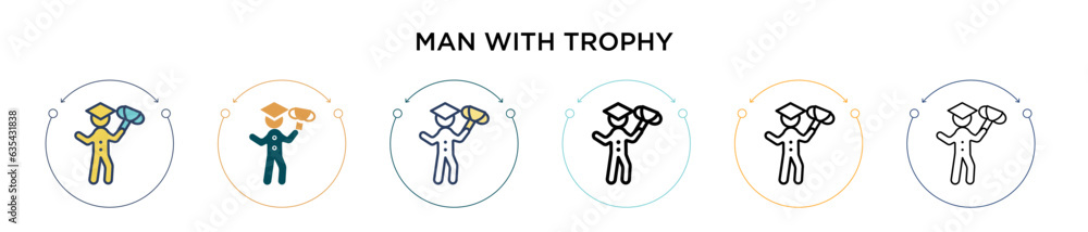 Poster man with trophy icon in filled, thin line, outline and stroke style. vector illustration of two colo