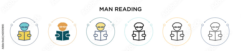 Poster man reading icon in filled, thin line, outline and stroke style. vector illustration of two colored 