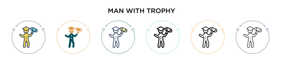 Man with trophy icon in filled, thin line, outline and stroke style. Vector illustration of two colored and black man with trophy vector icons designs can be used for mobile, ui, web
