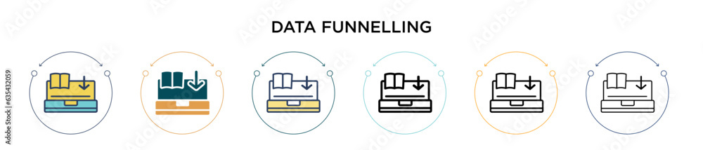 Poster data funnelling icon in filled, thin line, outline and stroke style. vector illustration of two colo