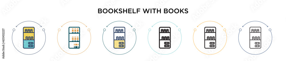 Poster bookshelf with books icon in filled, thin line, outline and stroke style. vector illustration of two