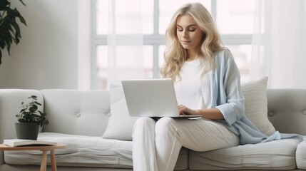 young woman using laptop, sitting on couch at home, freelancer working on computer project created with Generative AI technology