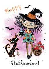 Cute little witch with a black cat and toadstools. Halloween. Vector