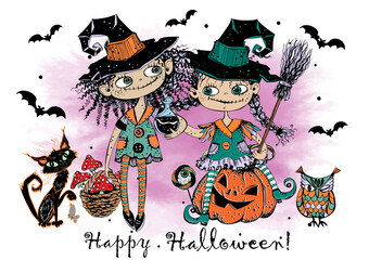 Cute little witch friends. Halloween greeting card. Vector