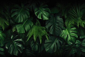 Fototapeta na wymiar Group background of dark green tropical leaves