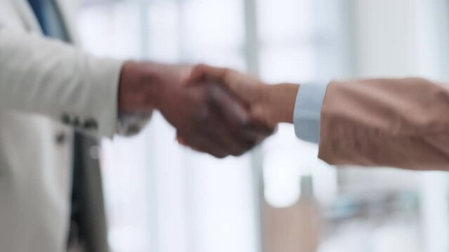 Business people, shaking hands and meeting, job interview or welcome to partnership, career deal or b2b opportunity. Professional clients with handshake for recruitment, onboarding and introduction