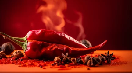 Deurstickers Chili pepper on a red background with fire and smoke, created with Generative AI technology. © Artico