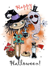 A cute little witch with a potion and a ghost. Halloween. Vector