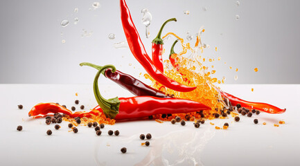 Chili pepper on a light background with fire and smoke, created using Generative AI technology.