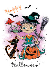 Cute little witch with a black cat and toadstools. Halloween. Vector