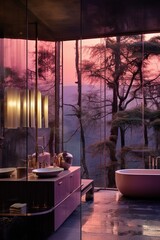 A sun-drenched indoor bathroom with a luxurious bathtub nestled beneath a vibrant tree, surrounded by a bright window and welcoming walls