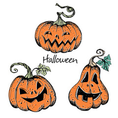 Decorative elements for Halloween. Pumpkins with faces. Vector
