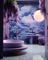 A vibrant and dreamlike bathroom features a deep purple sink with an infrared round mirror reflecting a surreal atmosphere