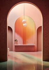A vibrant and inviting bathroom with pink walls, an arched ceiling, a sparkling light fixture, and a gleaming white bathtub, creating an atmosphere of comfort and luxury