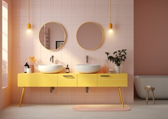 This stylish bathroom featuring a yellow sink, round mirrors, and wooden cabinetry is an inviting space that encourages relaxation and reflection