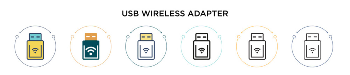 Fototapeta premium Usb wireless adapter icon in filled, thin line, outline and stroke style. Vector illustration of two colored and black usb wireless adapter vector icons designs can be used for mobile, ui, web