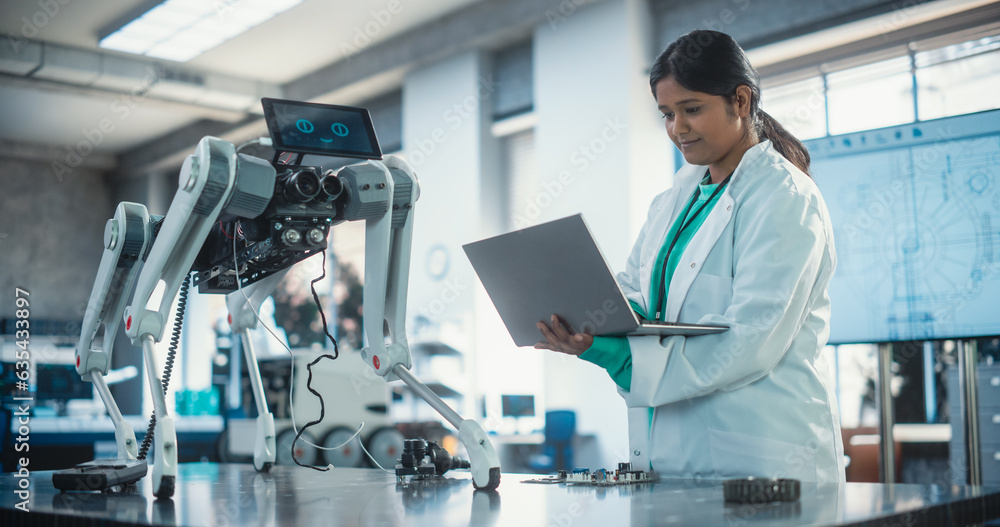 Poster young indian female engineer testing industrial programmable robot animal in a factory development w