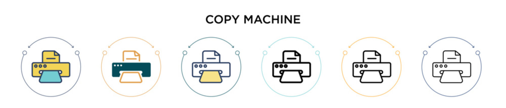 Copy machine icon in filled, thin line, outline and stroke style. Vector illustration of two colored and black copy machine vector icons designs can be used for mobile, ui, web