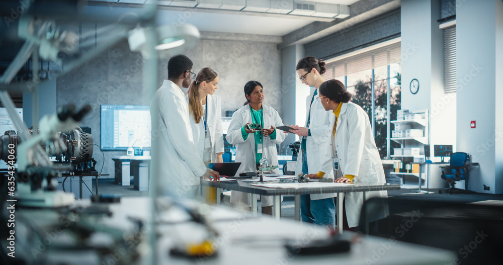 Aufkleber Group of International Multiethnic Lab Specialists Gathering Around a Table to Discuss Blueprints and Components for a High Tech Robotic Project. Young Engineers Working in Company Facility Lab