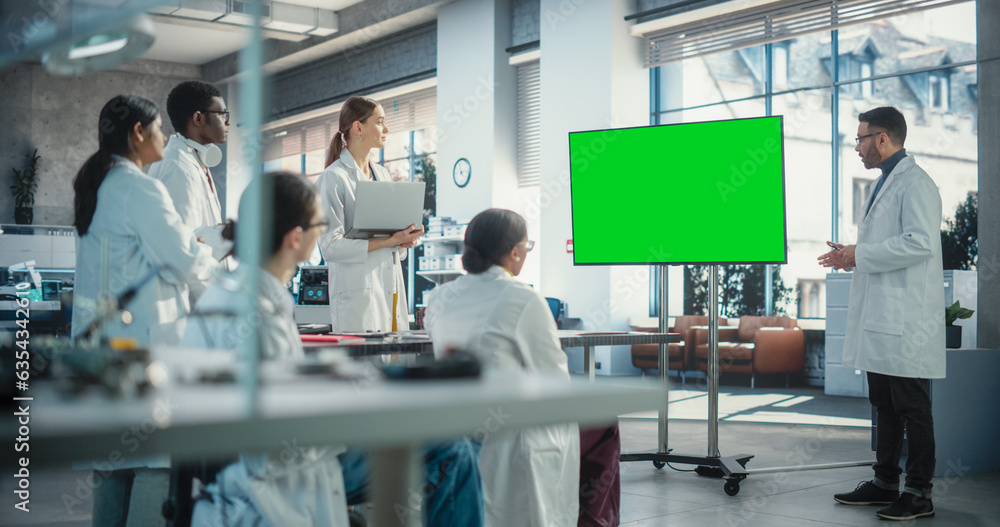 Poster Group of Students Listening to Their Robotics Professor Who Uses Green Screen Monitor in a Laboratory. Team of Engineers Having a Meeting and Discussing Manufacturing Ideas, Using Technology