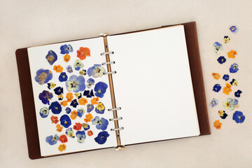 Pansy flower nature study with old leather notebook on hemp paper background. Floral dried nature composition of blue, orange, yellow and violet colored pansies.