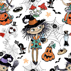 Seamless pattern on Halloween theme with little girls witches pumpkins and various horror elements. Vector